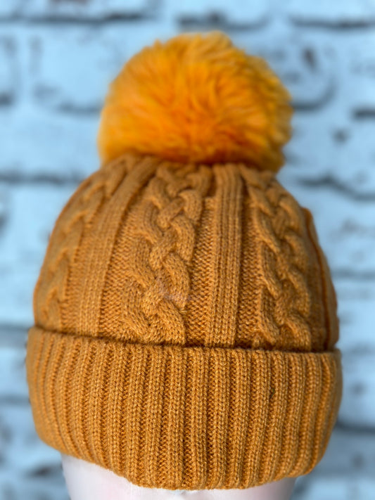 Soft Fleece Lined Bobble Hat/Beanie In Burnt Orange