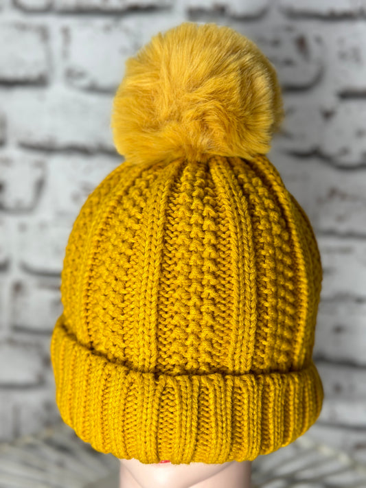 Soft Fleece Lined Bobble Hat/Beanie In Mustard