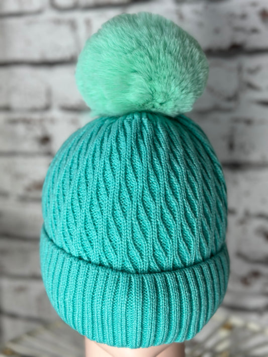 Soft Fleece Lined Bobble Hat/Beanie In Mint Green