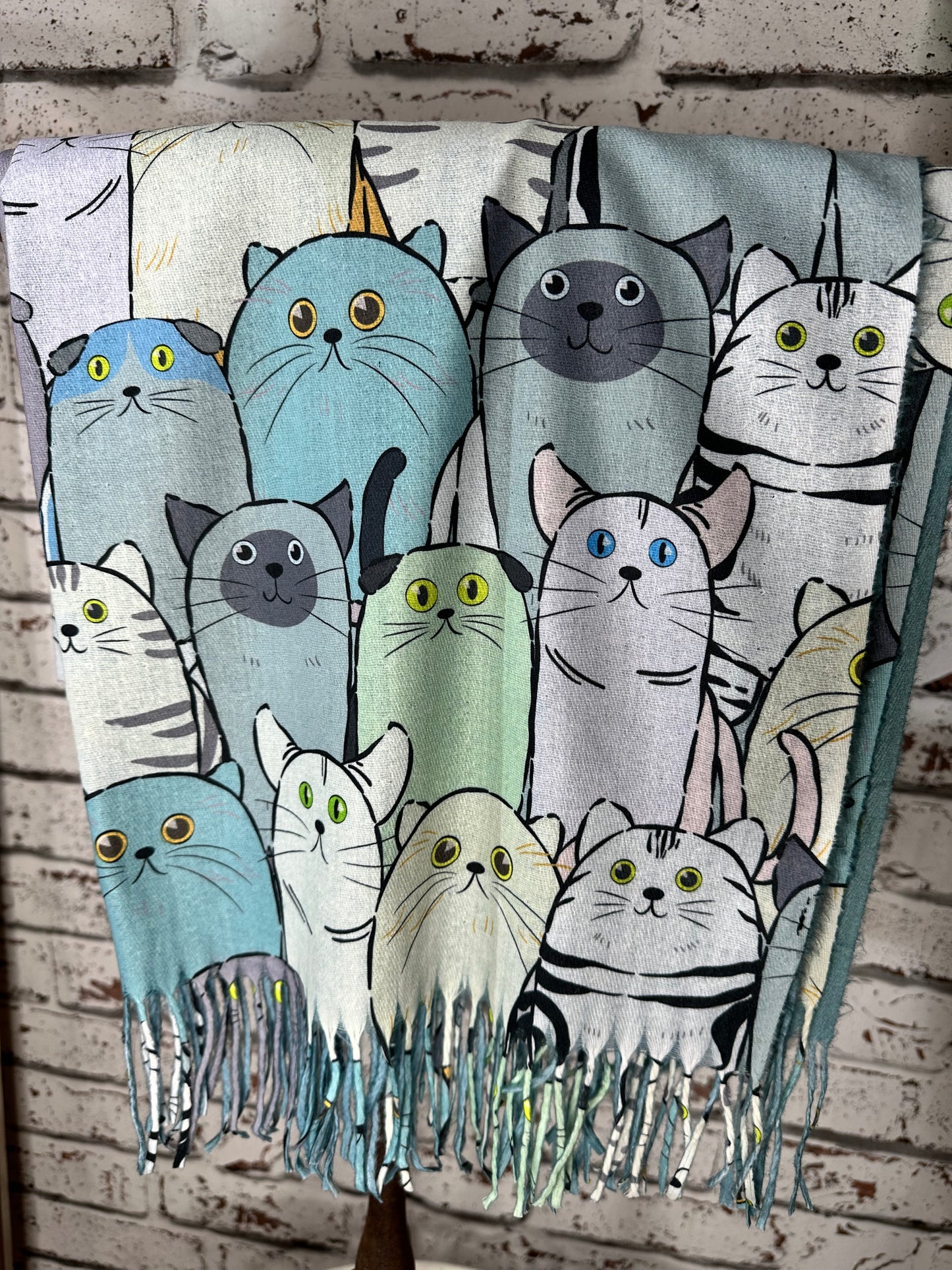 Mix Colours Cat Print Scarf In Mint Green