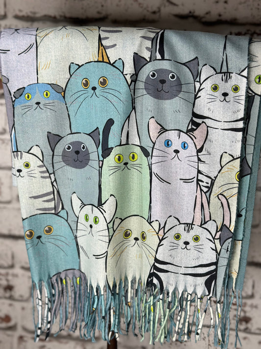 Mix Colours Cat Print Scarf In Mint Green