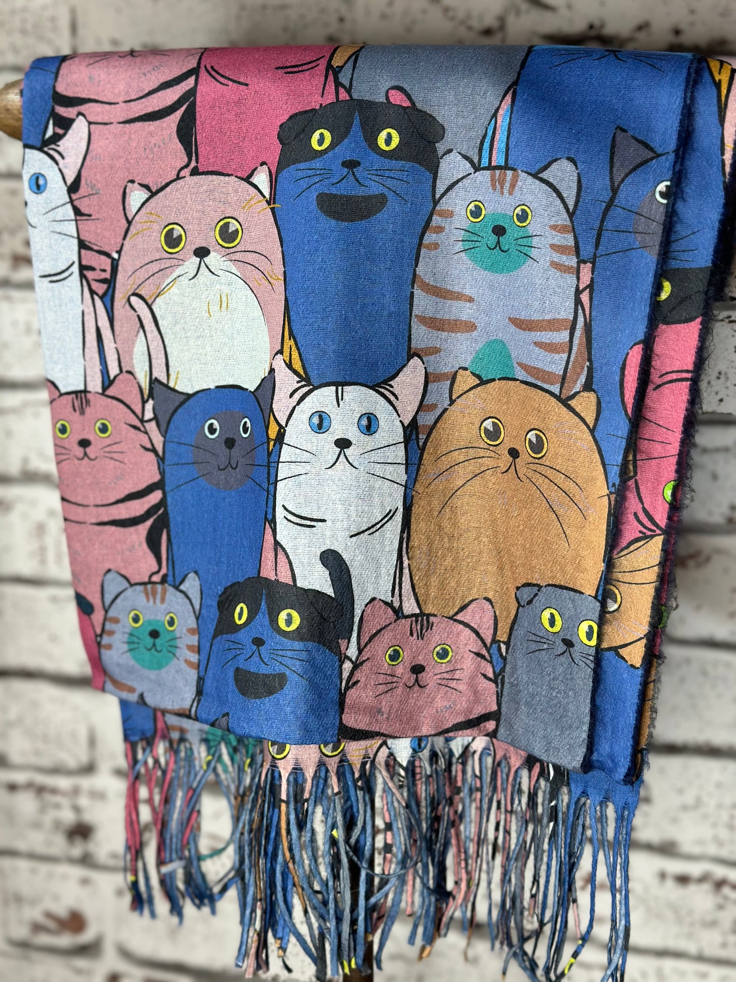 Mix Colours Cat Print Scarf Denim Blue