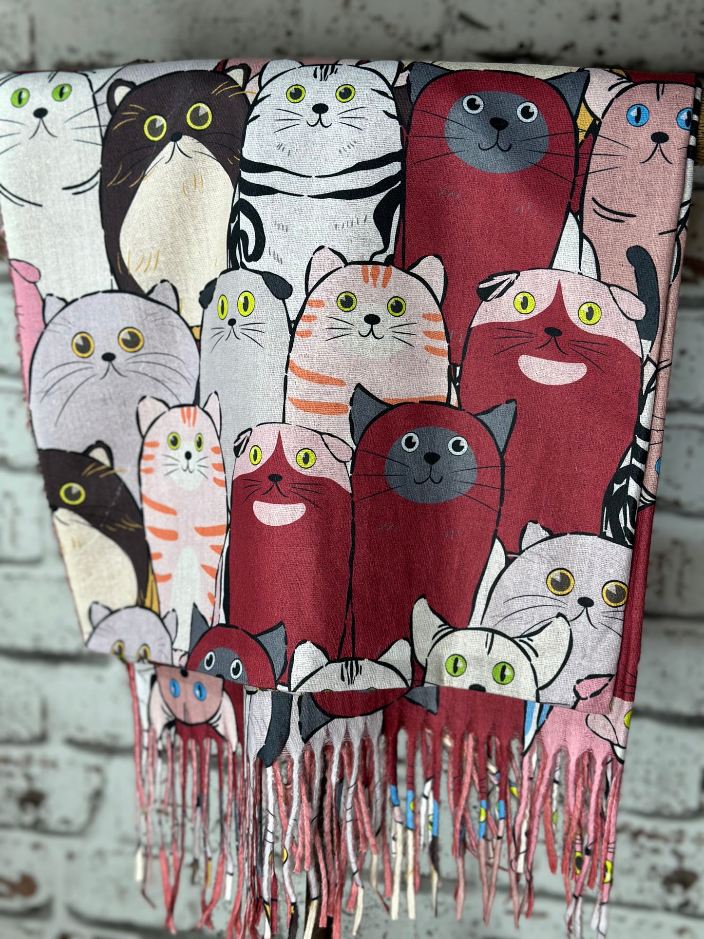 Mix Colours Cat Print Scarf In Wine Red