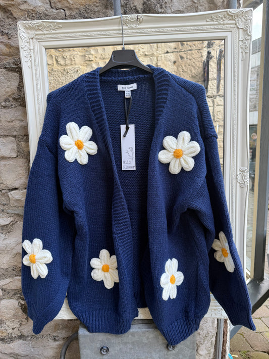 Stunning Soft Knit Daisy Cardigan In Navy Size M/L