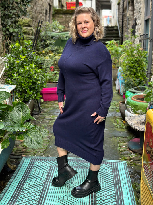 Stunning Navy Zola Knitted Roll Neck Jumper-Dress Size 10-20