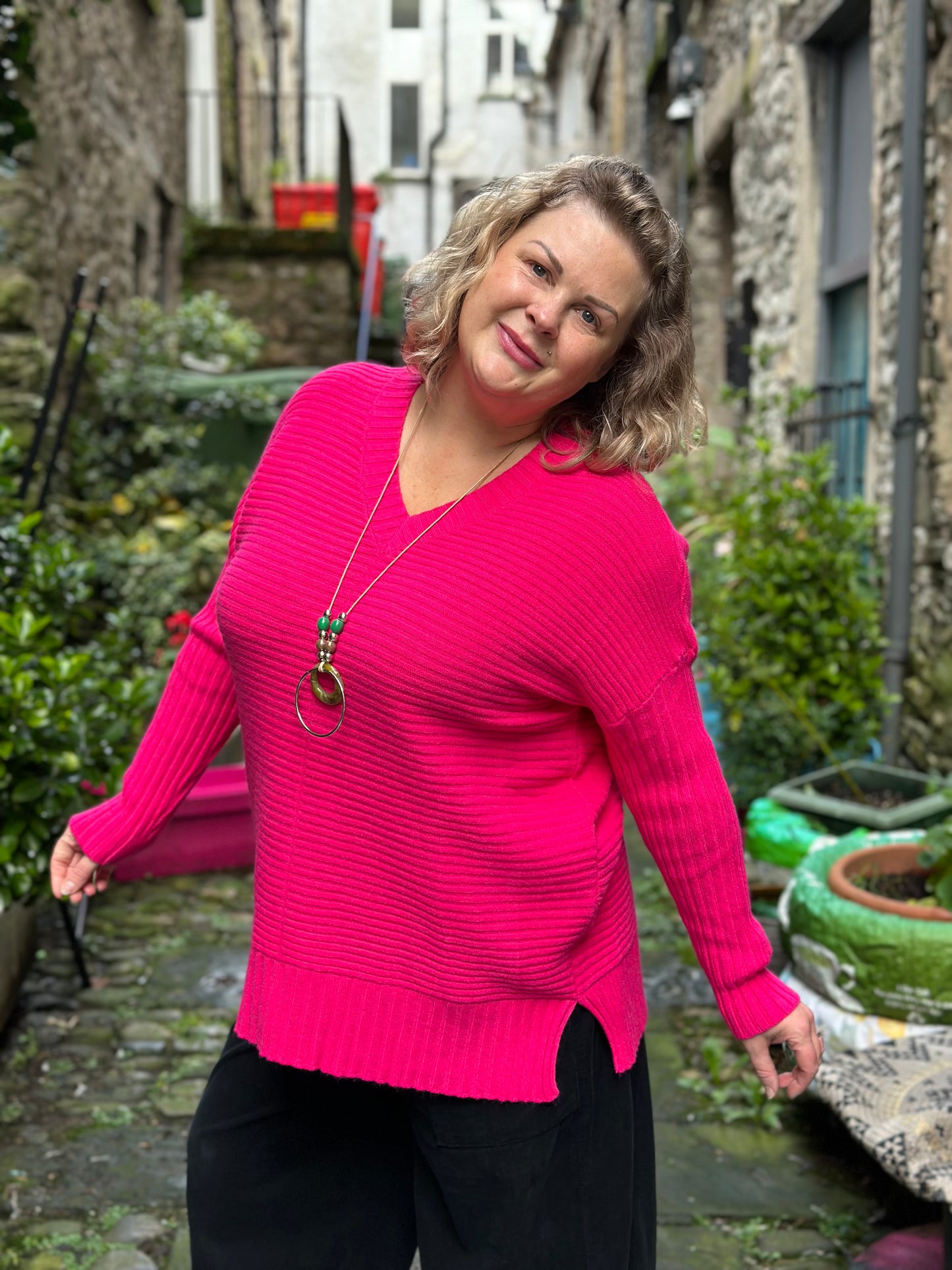 Made in Italy Ribbed Knit Ruby V Neck Jumper in Fuchsia Size 10-18