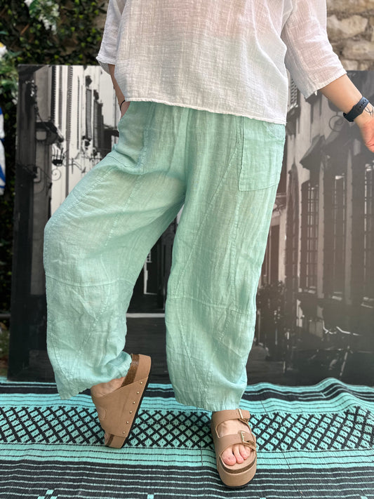 Pure Linen Mint Colour Kouna Trousers Size 8-16