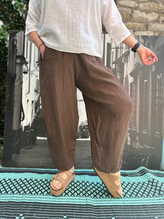Pure Linen Chocolate Brown Kuiza Trousers Size 8-20