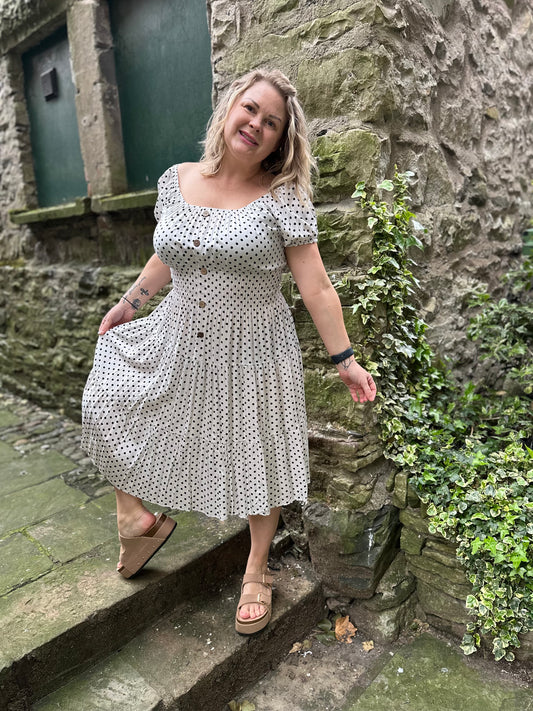 Polka Dot White Black Atta Dress In Midi Length Fits Size 8-20