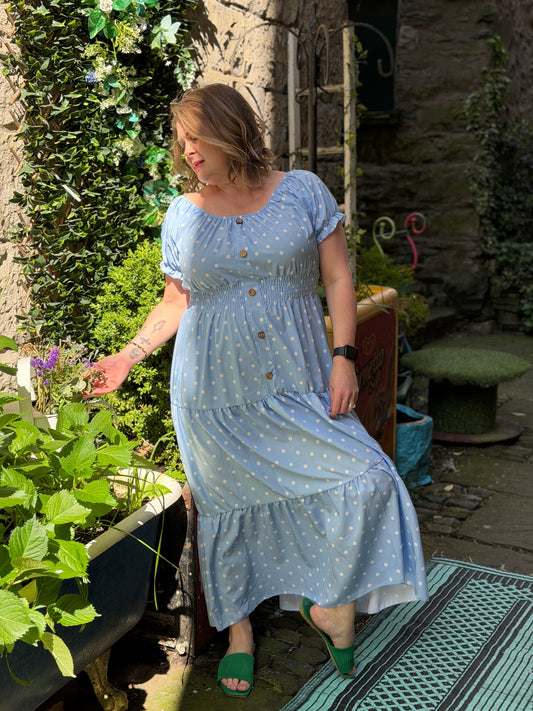 Polka Dots Atta Dress In Maxi Length Fits Size 8-18 In Blue