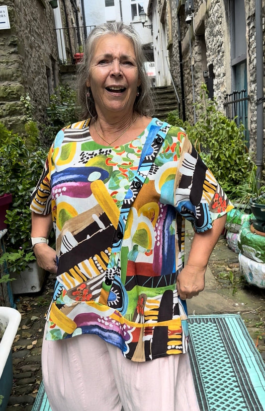 Beautiful High and Low Printed Pure Linen Yana Top Fit Sizes 10-18 in White colours