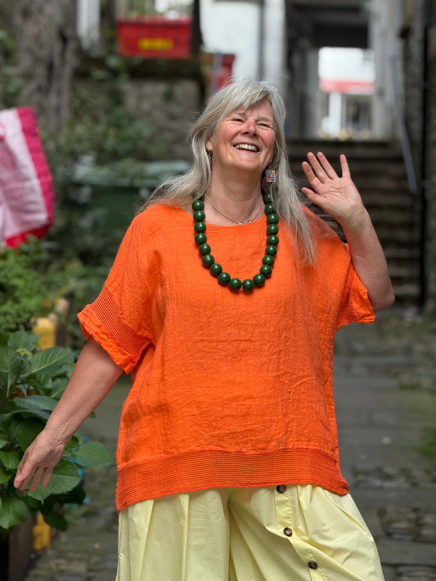 Pure Linen Mesh Detail Top One Size Will comfortably fit sizes 12–20 In Orange