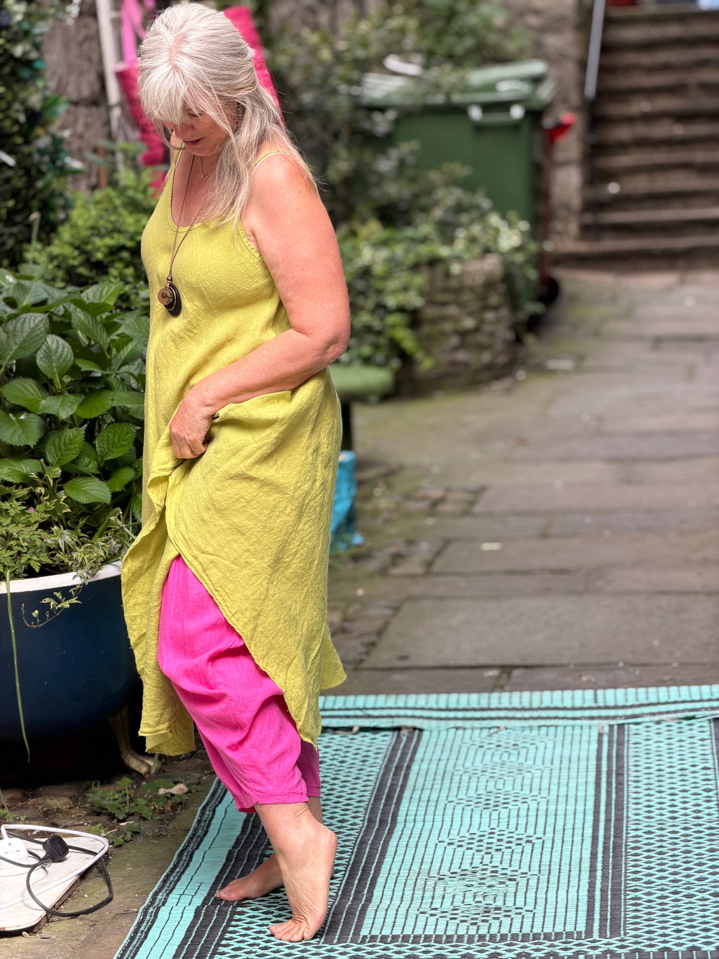 Pure Linen High and Low Hemline Dress In Avocado Green Size 10-18