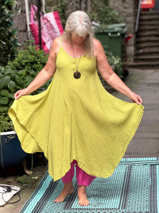 Pure Linen High and Low Hemline Dress In Avocado Green Size 10-18