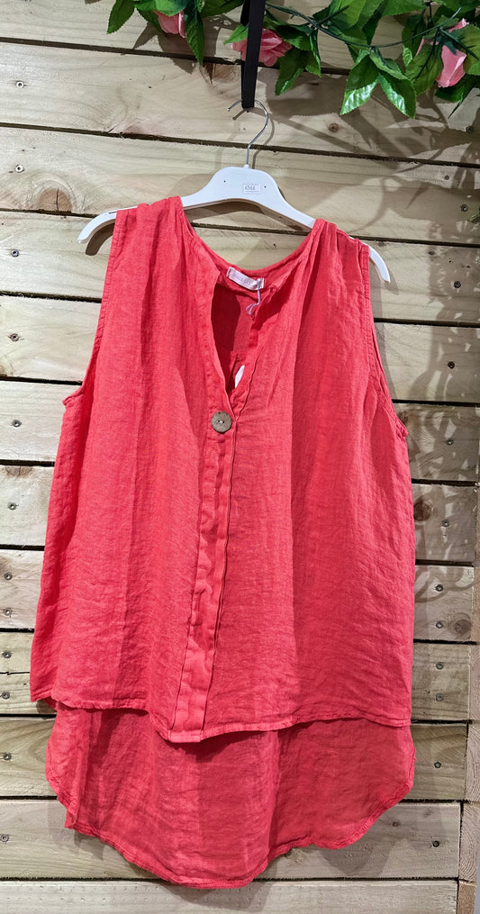 Pure Linen Sleeveless Top In Salmon Pink Fits Size 8-18