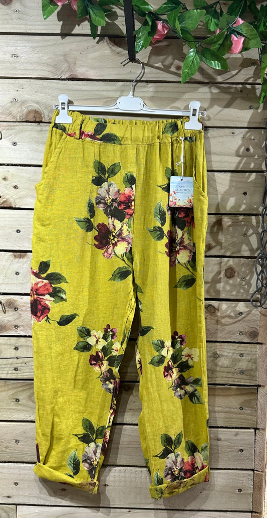 Floral Loba Pure Linen Trousers With Tapered Cuffs Fits Size 8-14