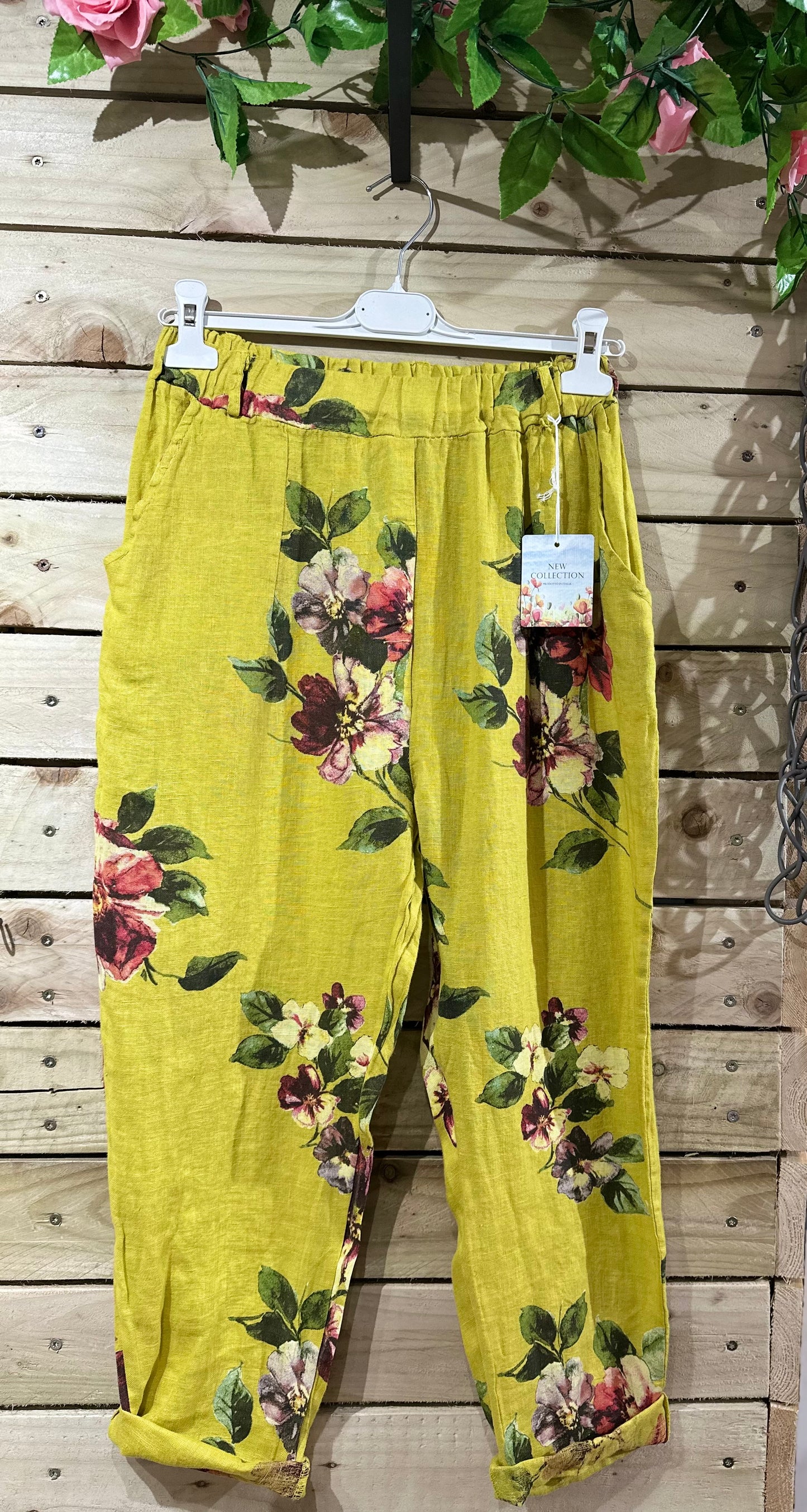 Floral Loba Pure Linen Trousers With Tapered Cuffs Fits Size 8-14