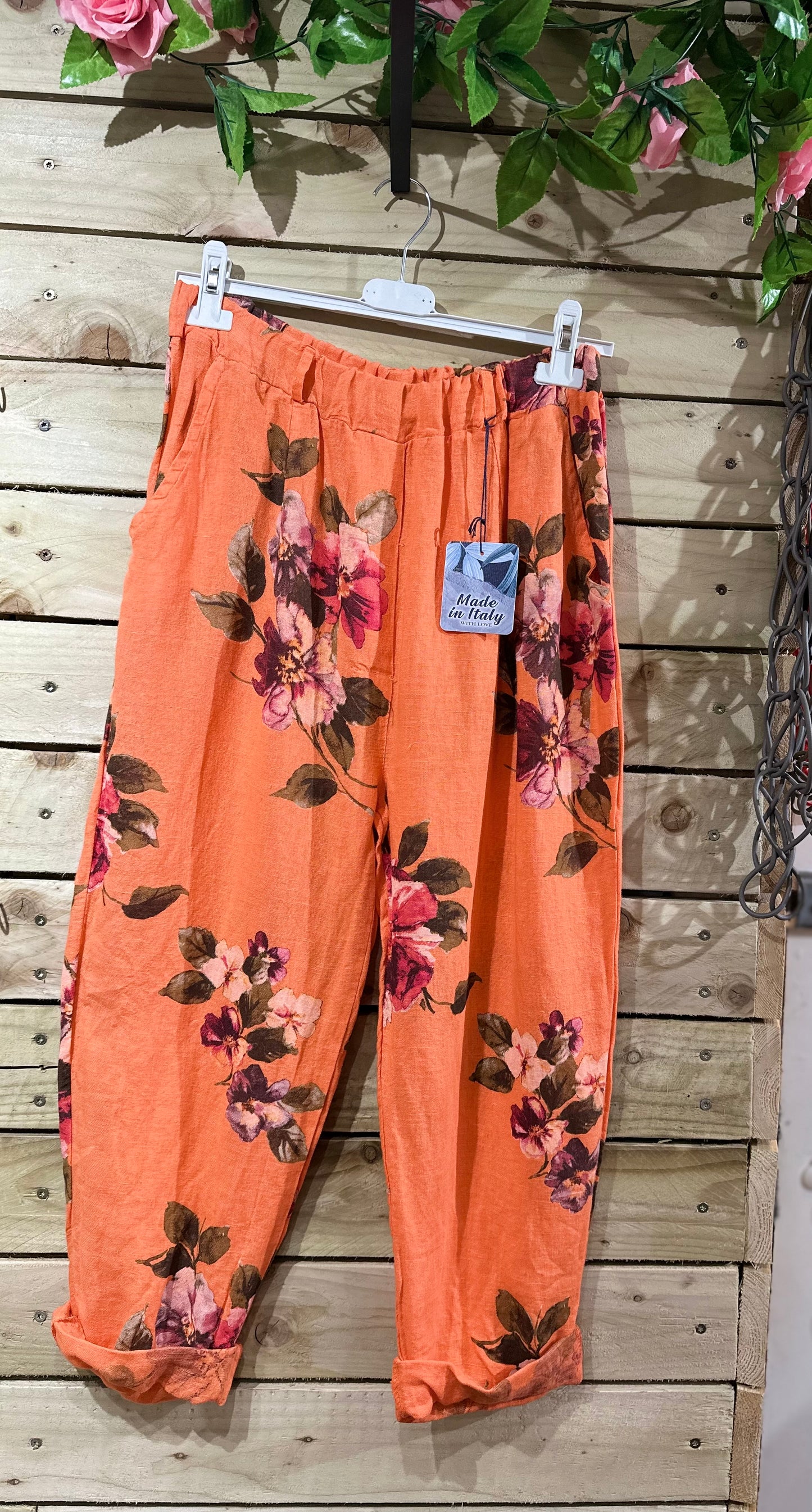 Floral Loba Pure Linen Orange Trousers With Tapered Cuffs Fits Size 8-14