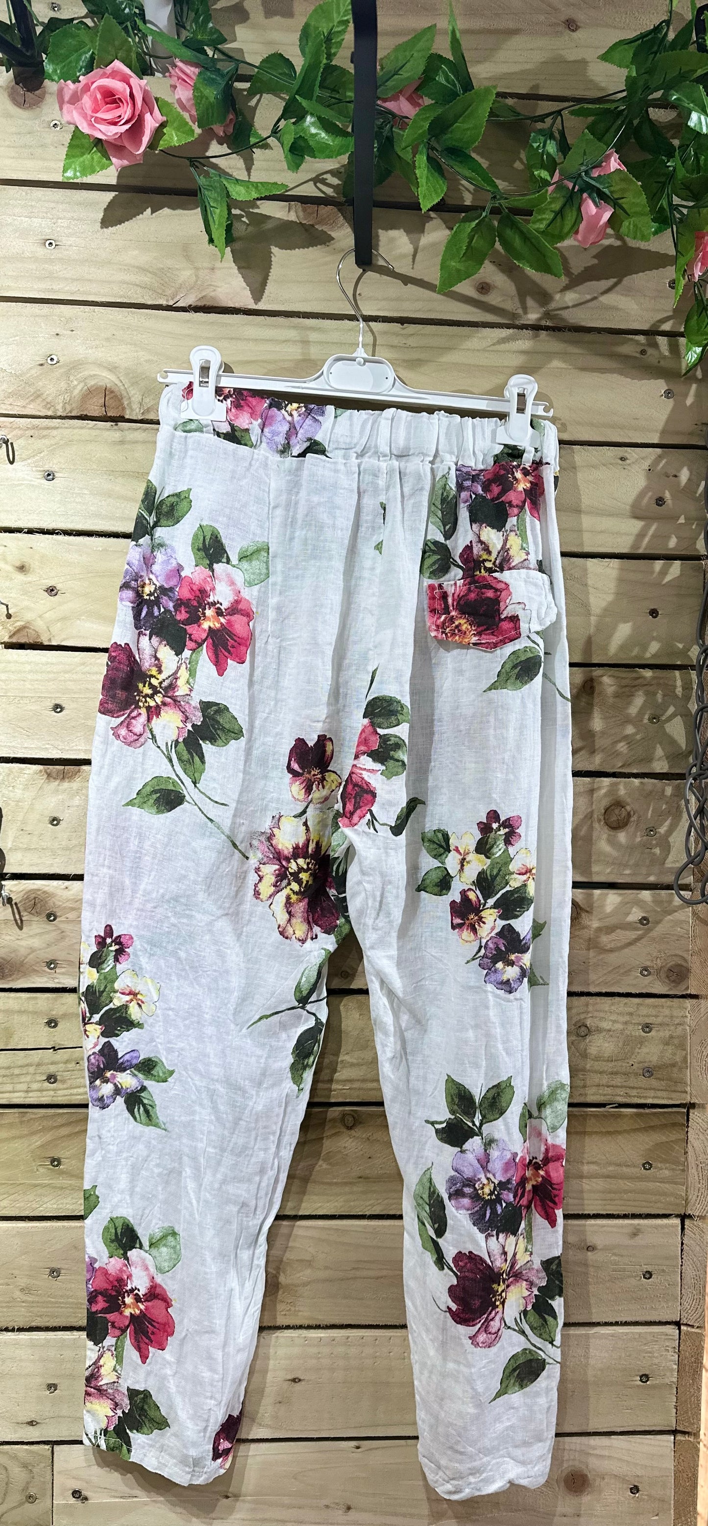 Floral Loba Pure Linen white Trousers With Tapered Cuffs Fits Size 8-14