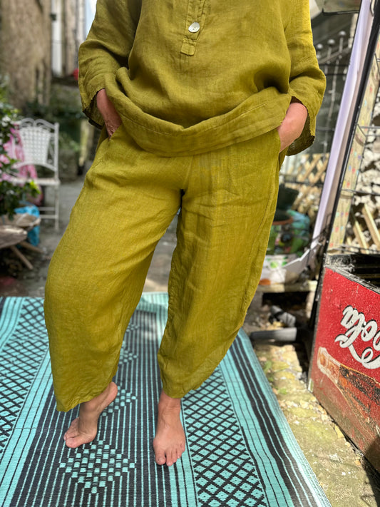 Pure Linen Olive Green Kuiza Trousers Size 8-20