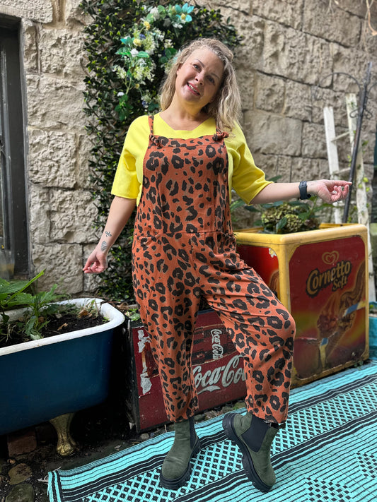 Animal Print Soft Kibou Dungarees In Rust Fits Size 8-16