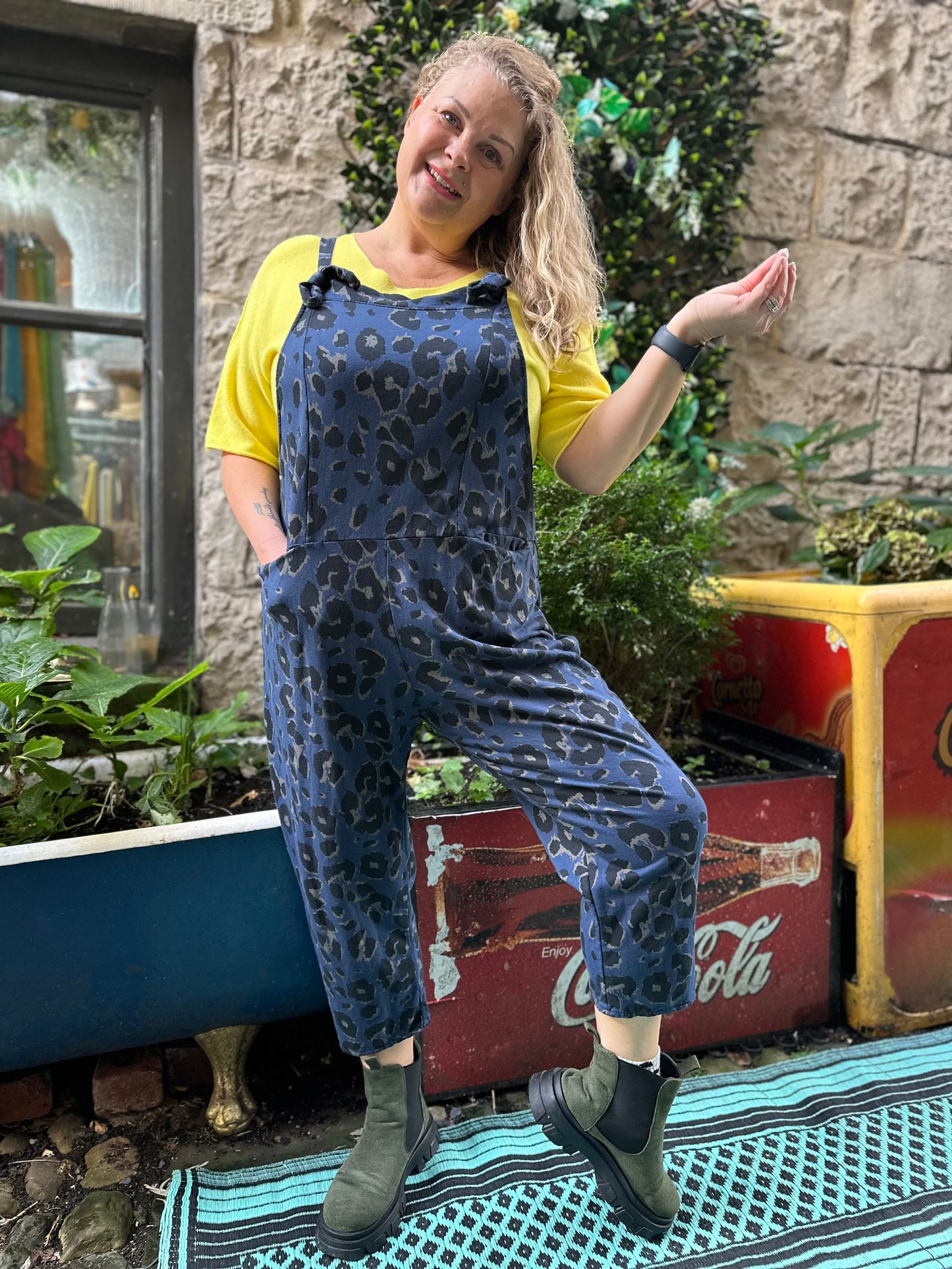 Animal Print Soft Kibou Dungarees In Navy Fits Size 8-16