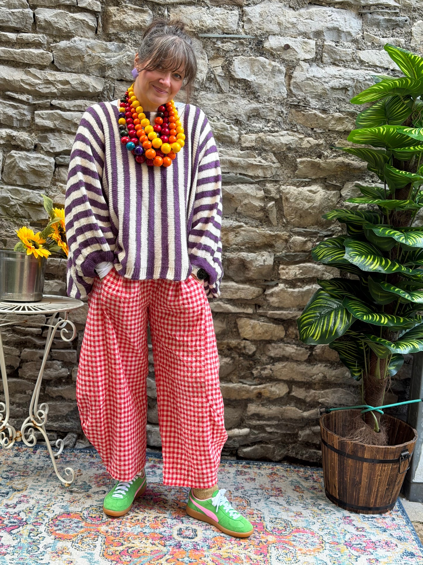 Stunning Kiwa Striped Jumper With Puff Sleeves In Beige and Purple
