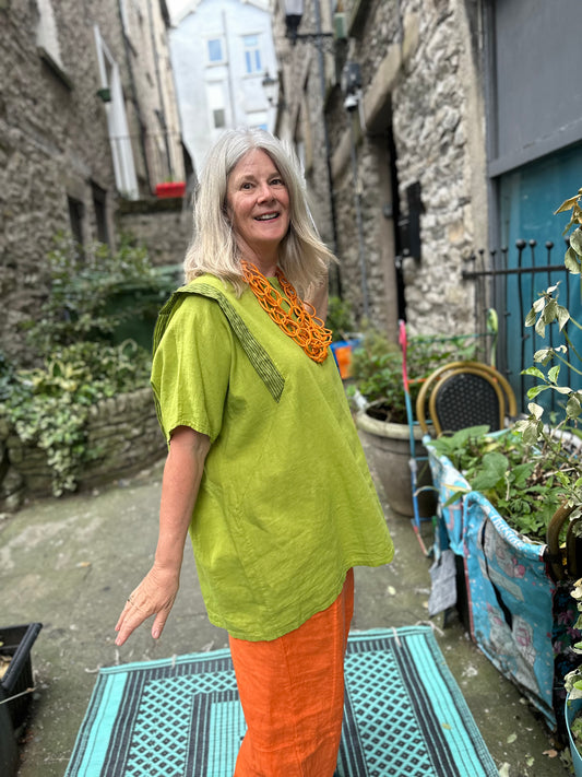 Pure Linen Akoussa Top In Lime Green Fits Size 12-22