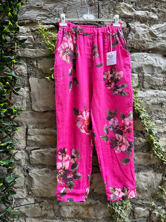 Floral Loba Pure Linen Pink Trousers With Tapered Cuffs Fits Size 8-14