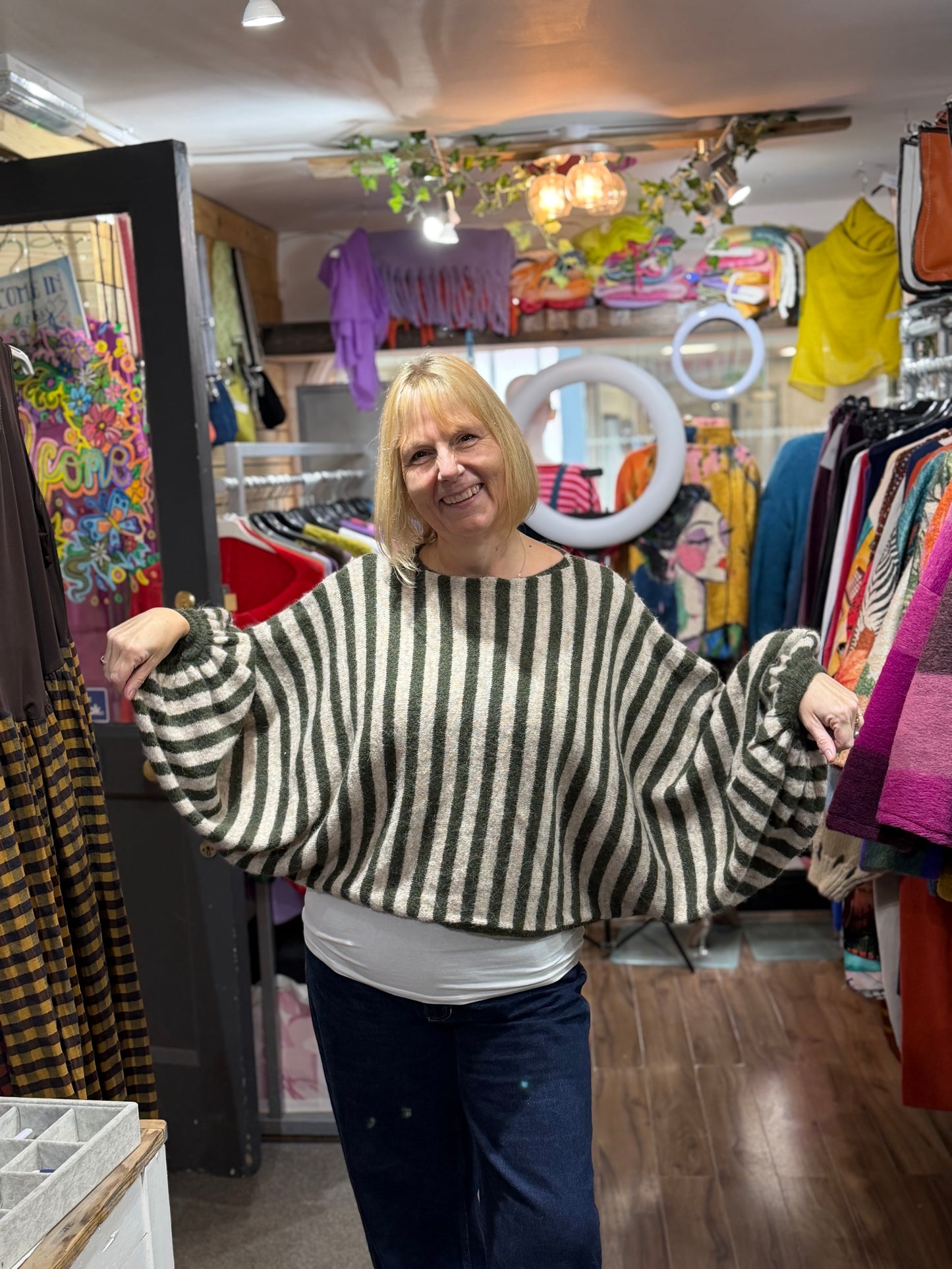 Stunning Kiwa Striped Jumper With Puff Sleeves In Beige and Khaki
