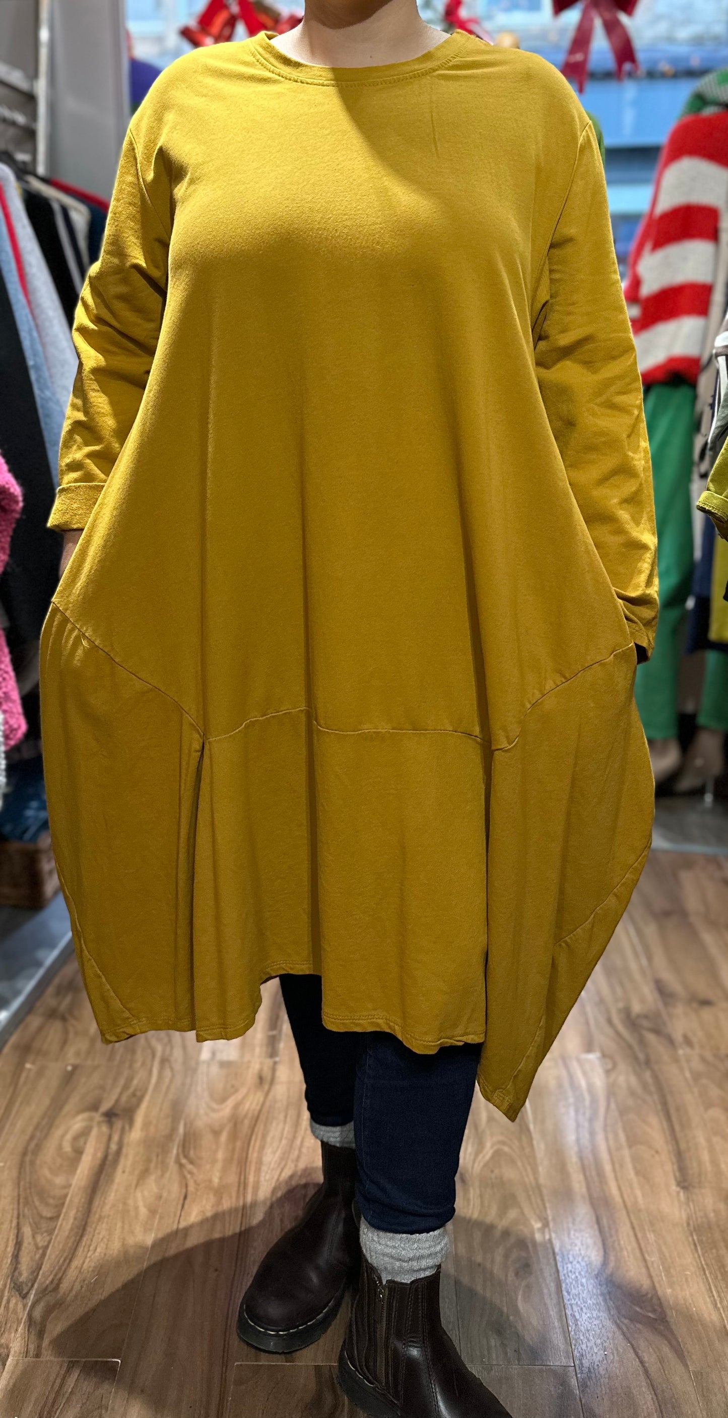 Made In Italy Two Pockets Mustard Cocoon Dress Fits Sizes 14-22