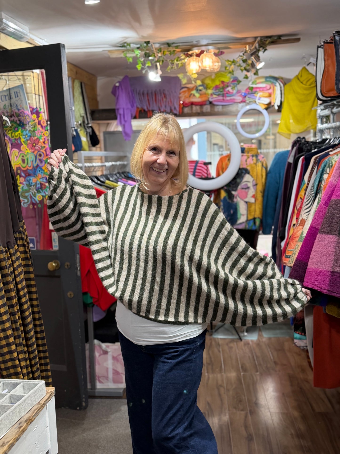 Stunning Kiwa Striped Jumper With Puff Sleeves In Beige and Khaki