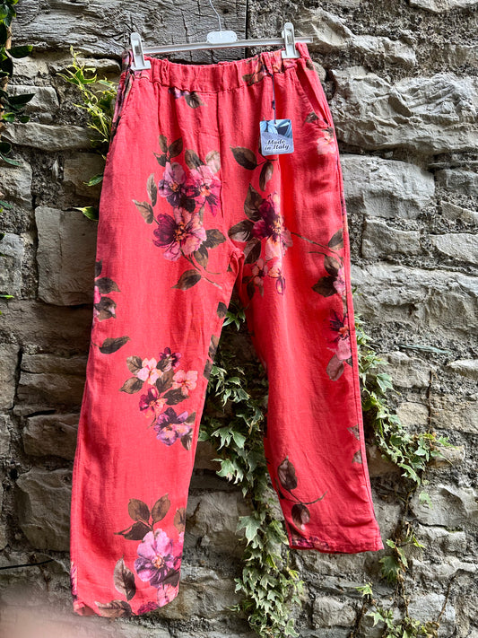 Floral Loba Pure Linen Salmon Pink Trousers With Tapered Cuffs Fits Size 8-14