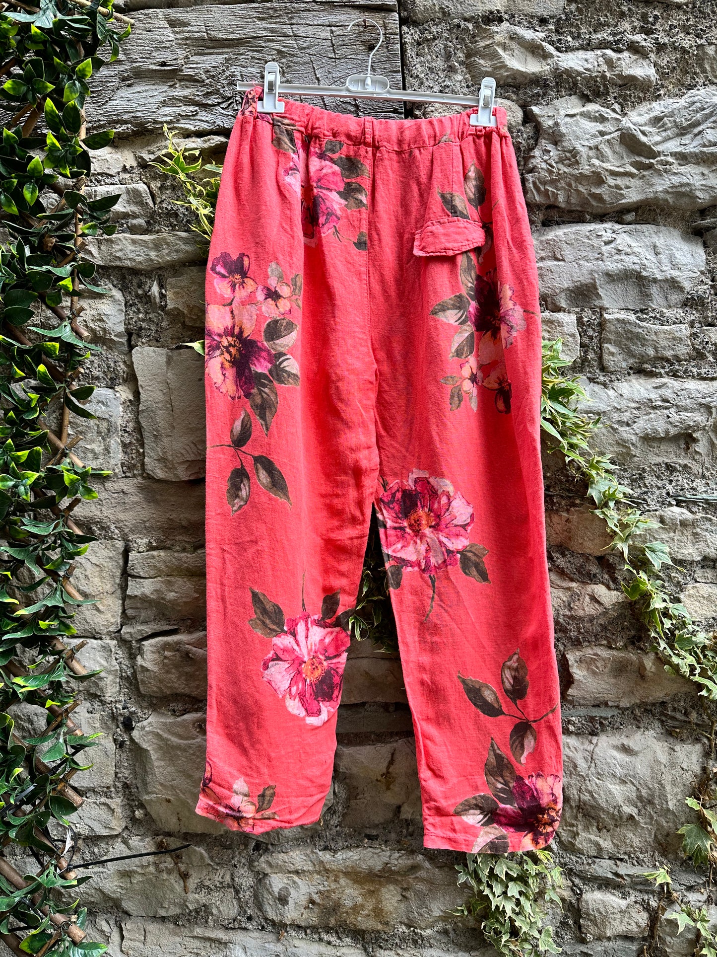 Floral Loba Pure Linen Salmon Pink Trousers With Tapered Cuffs Fits Size 8-14