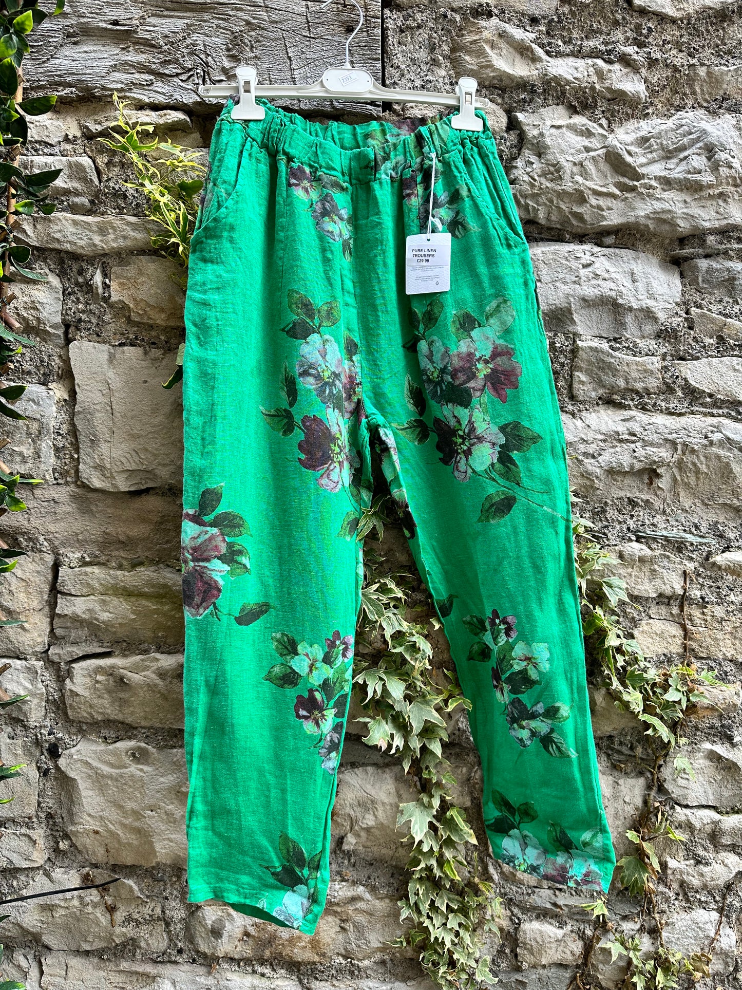 Floral Loba Pure Linen Bottle Green Trousers With Tapered Cuffs Fits Size 8-14