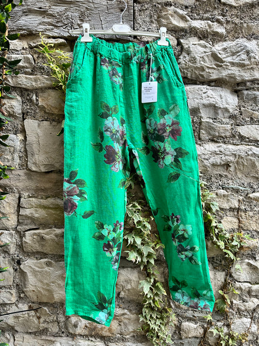 Floral Loba Pure Linen Bottle Green Trousers With Tapered Cuffs Fits Size 8-14