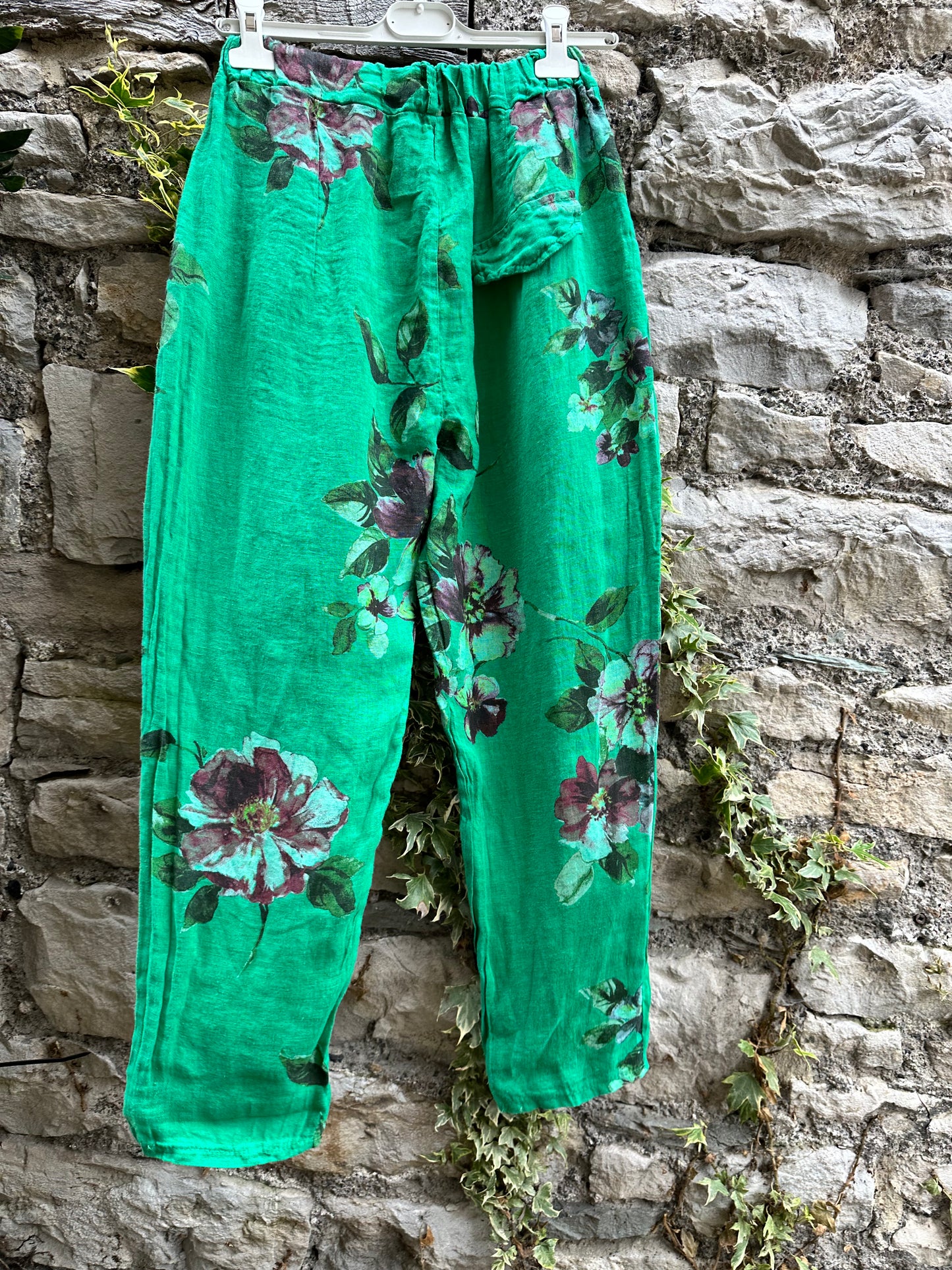 Floral Loba Pure Linen Bottle Green Trousers With Tapered Cuffs Fits Size 8-14