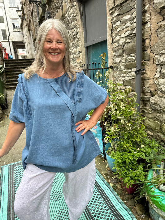 Pure Linen Akoussa Top In Denim Blue Fits Size 12-22