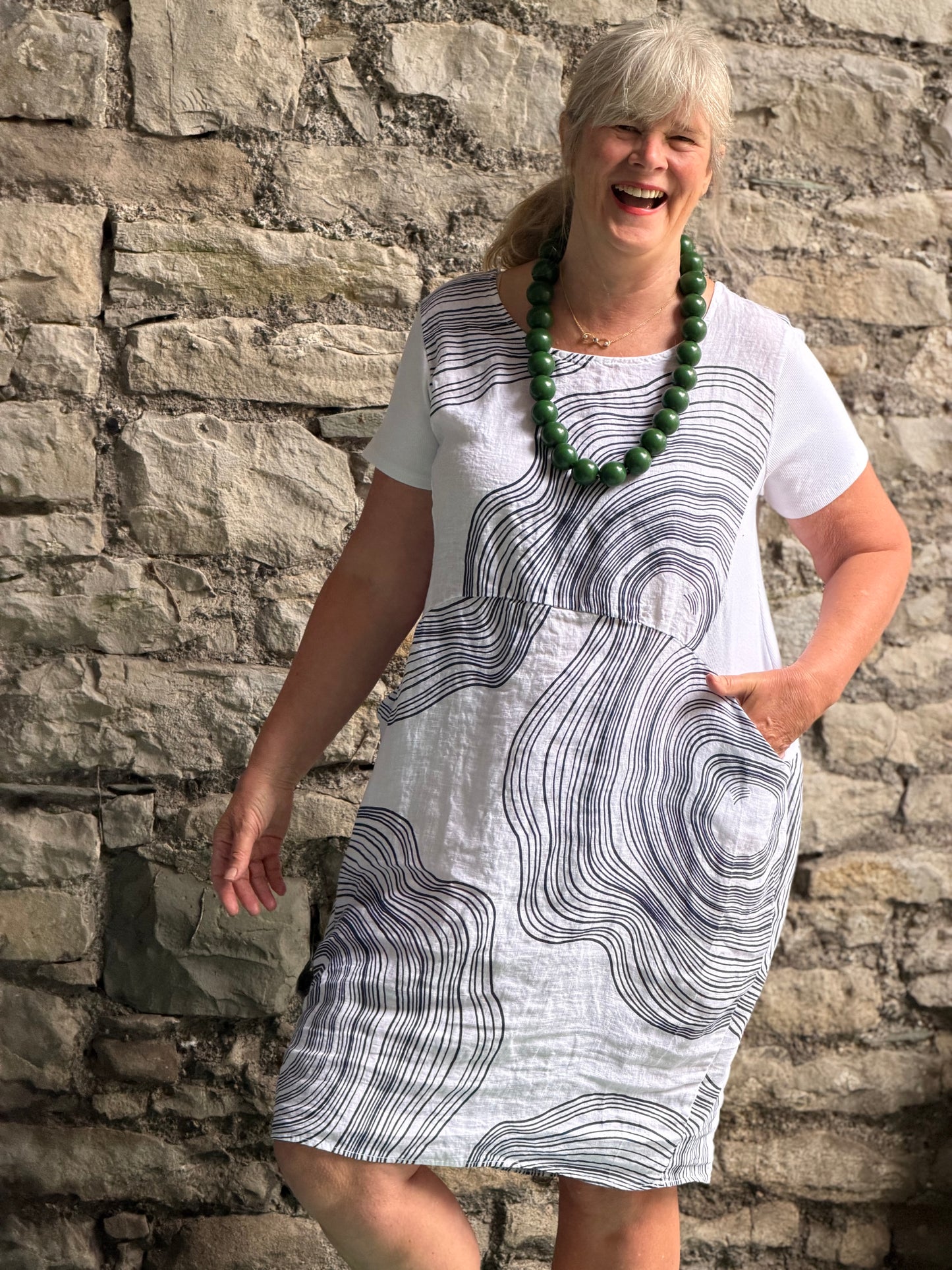 Navy and White Pure Linen Two Pockets Dress One Size Fits 12-18