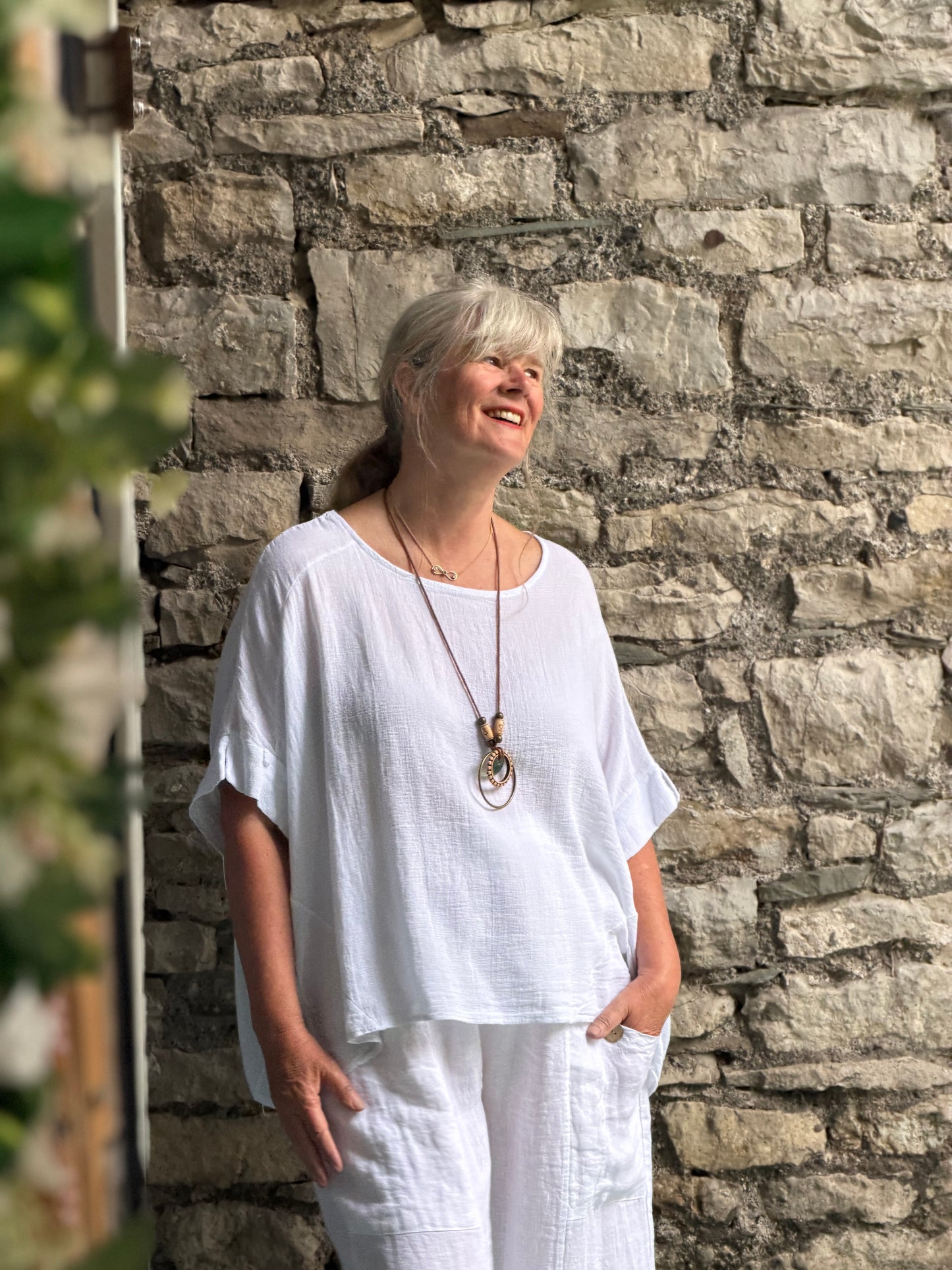 Soft Loose Fit White Linen and Cotton Top One Size Fits 12-22