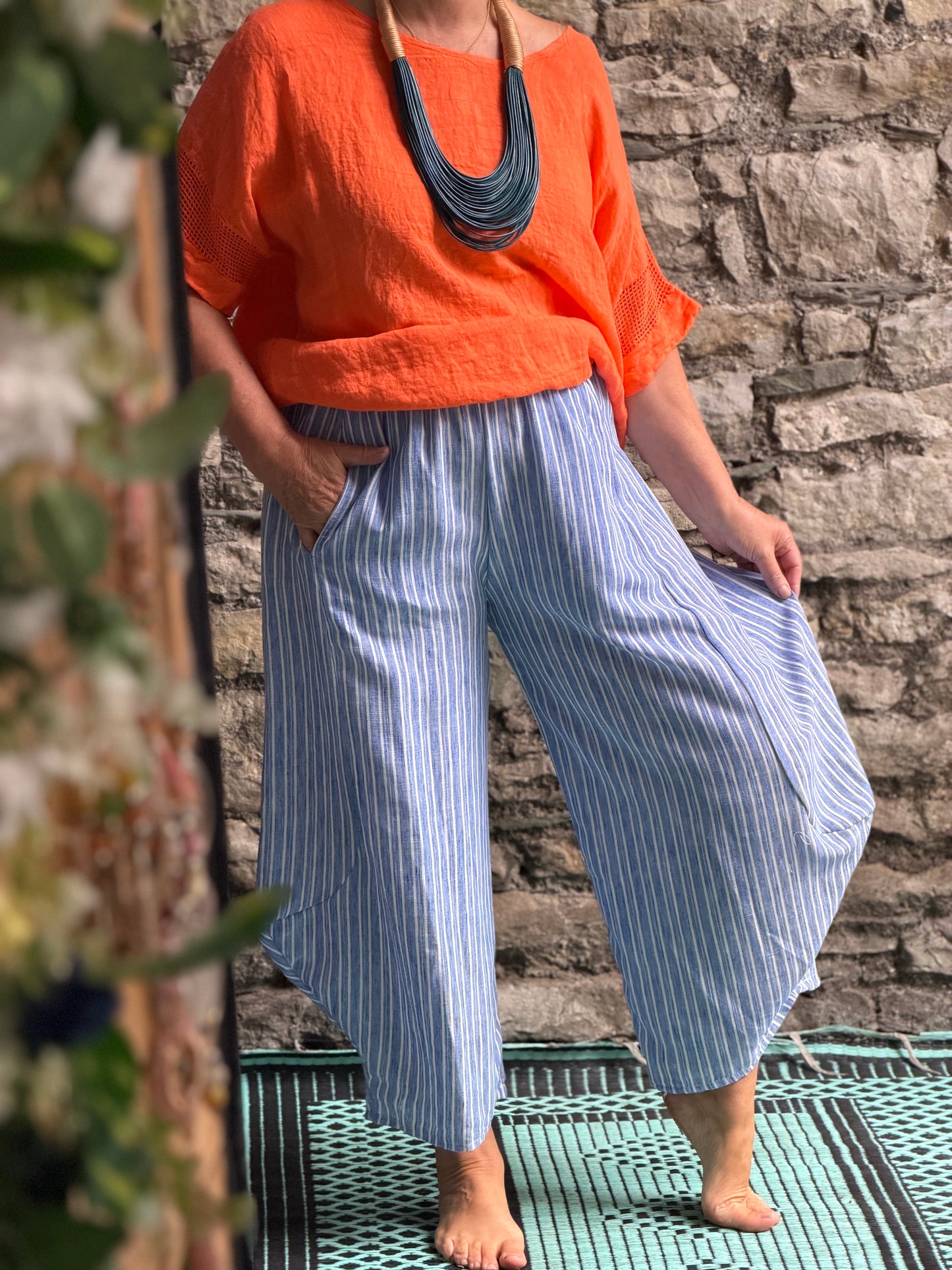 One Size Slanted Pockets Striped Comfy Kemouta Trousers Fits Size 10-18