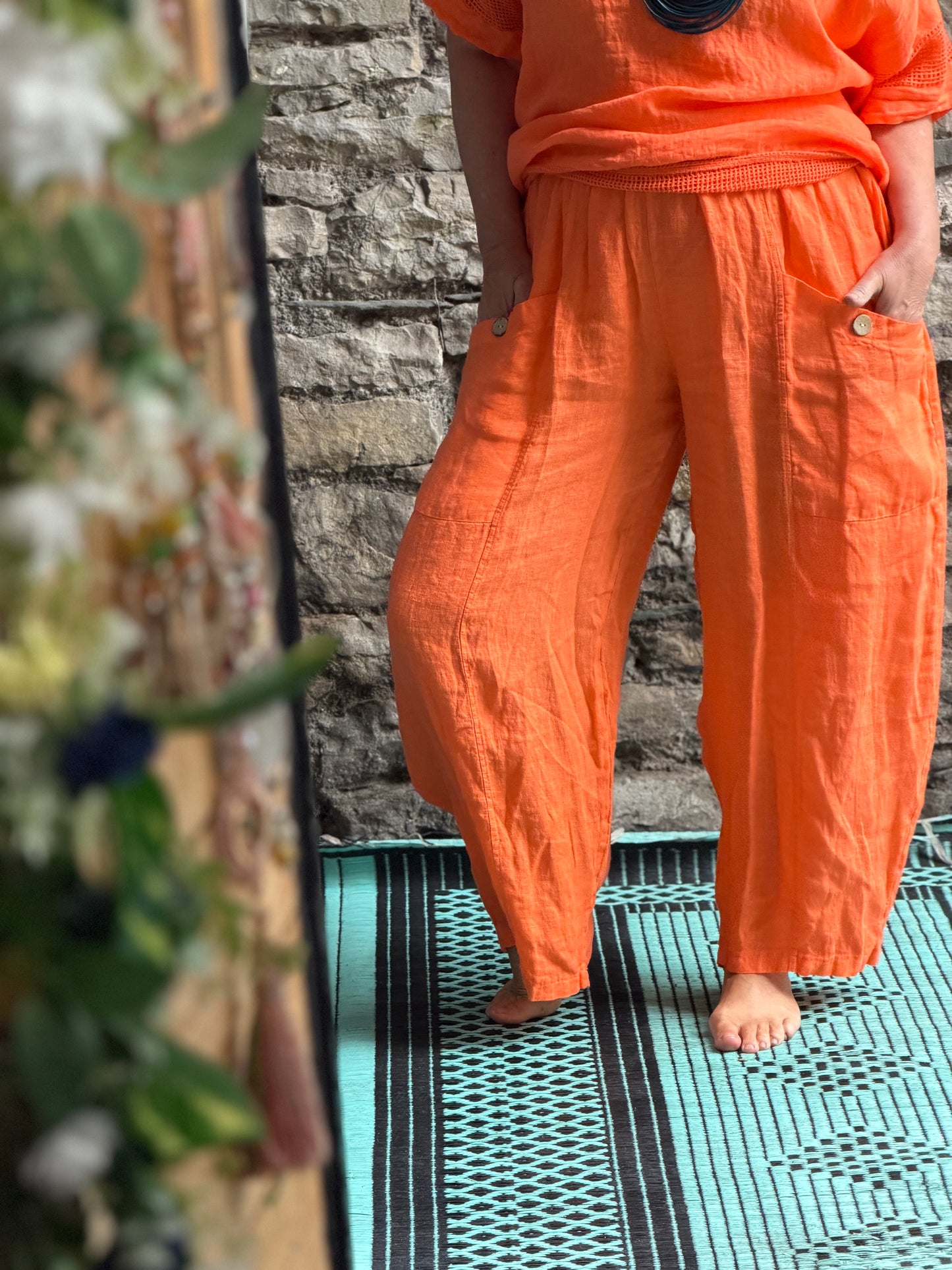 Pure Linen Two Pockets Orange Linen Trousers Fits Size 10-18