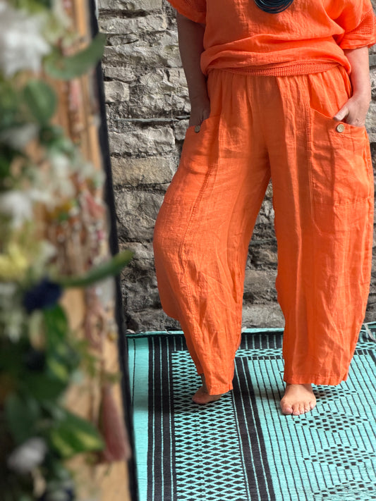 Pure Linen Two Pockets Orange Linen Trousers Fits Size 10-18