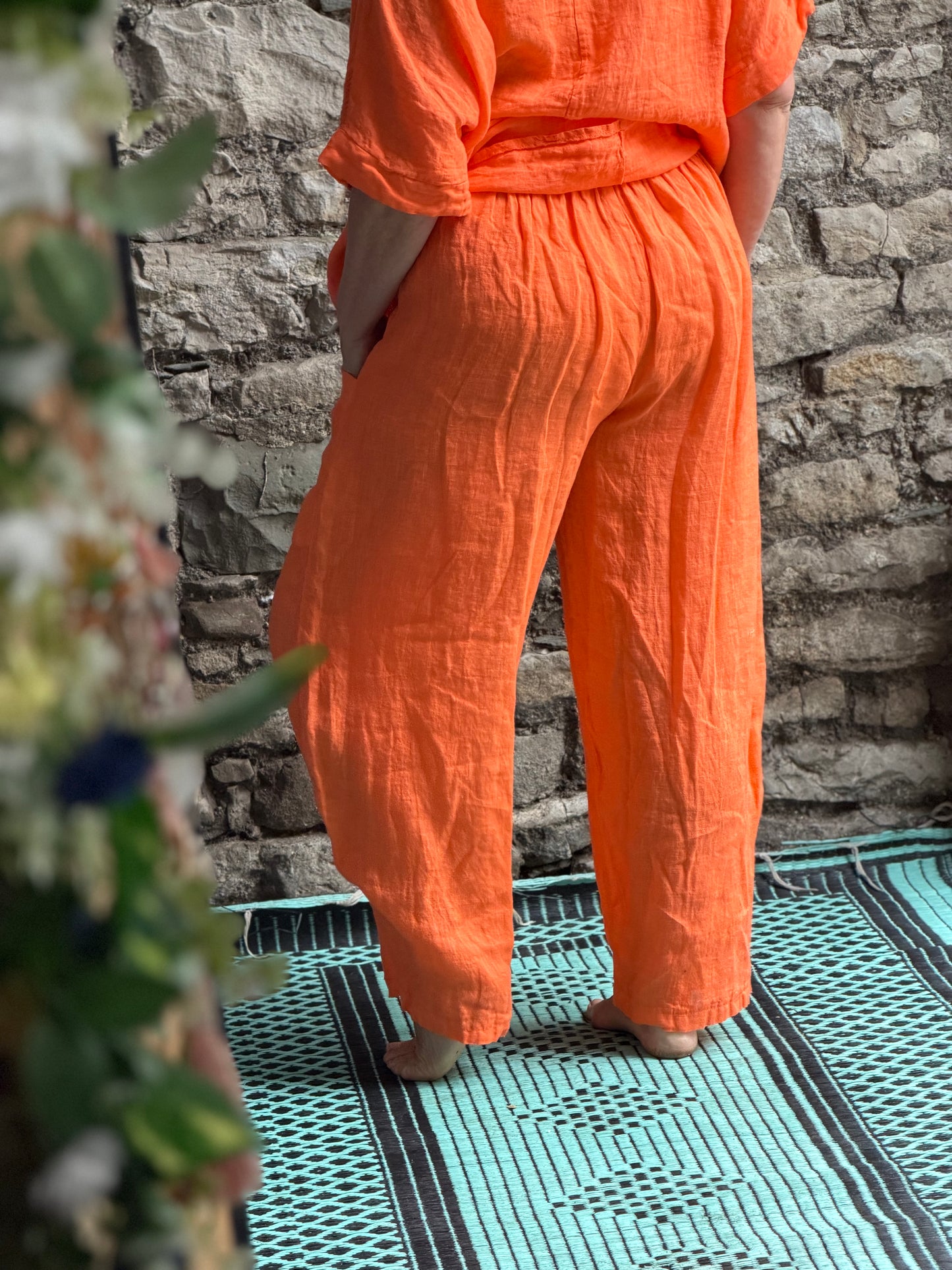 Pure Linen Two Pockets Orange Linen Trousers Fits Size 10-18