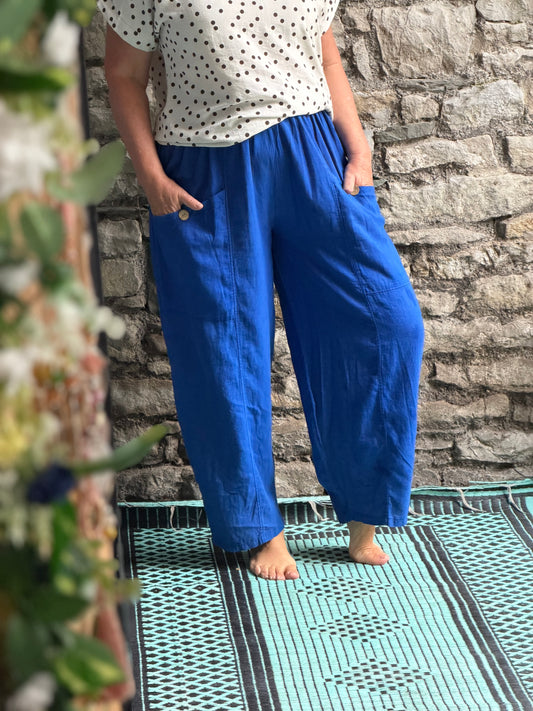 Pure Linen Two Pockets Cobalt Blue Linen Trousers Fits Size 10-18