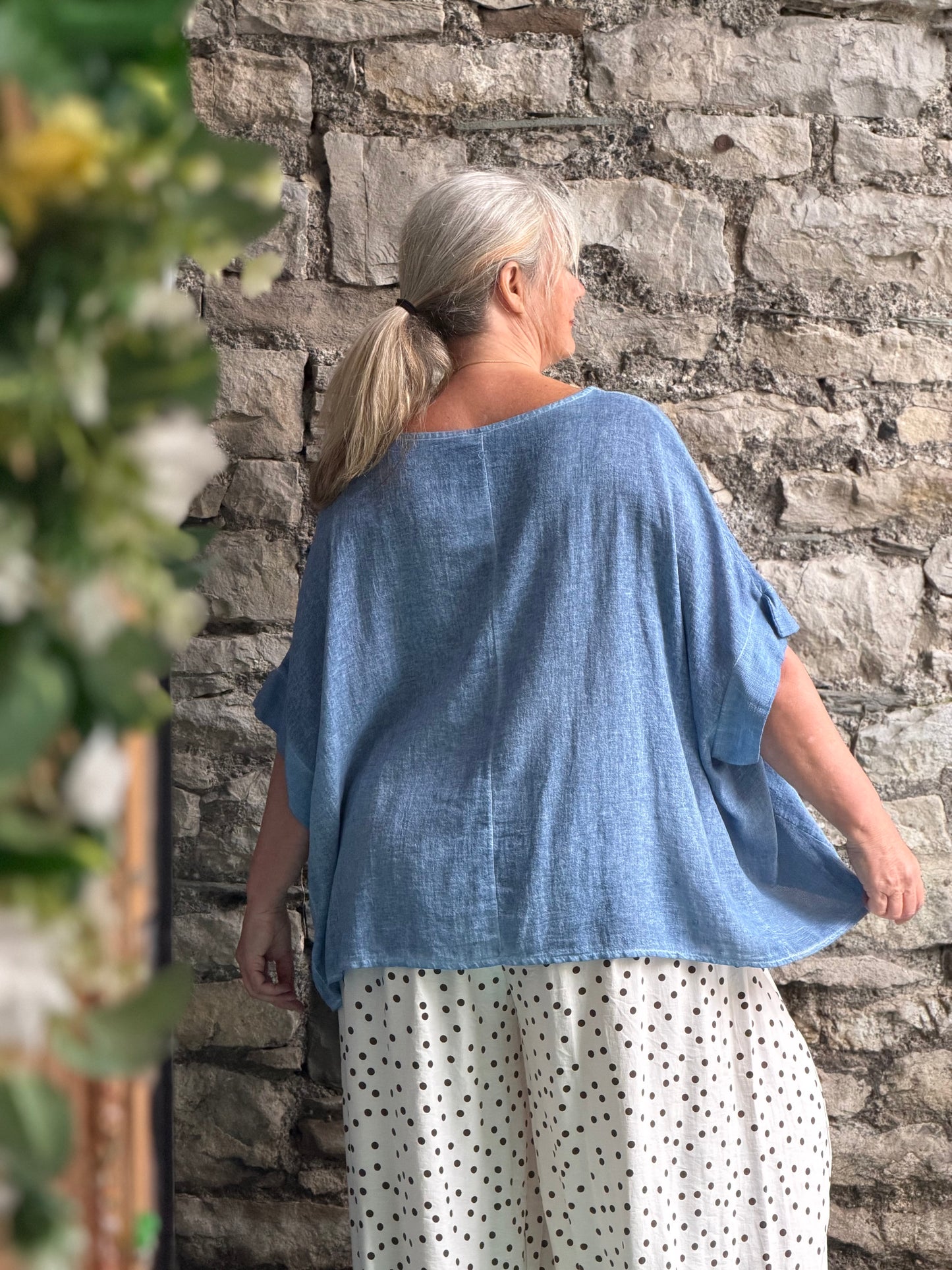 Soft Loose Fit Denim Blue Linen and Cotton Top One Size Fits 12-22