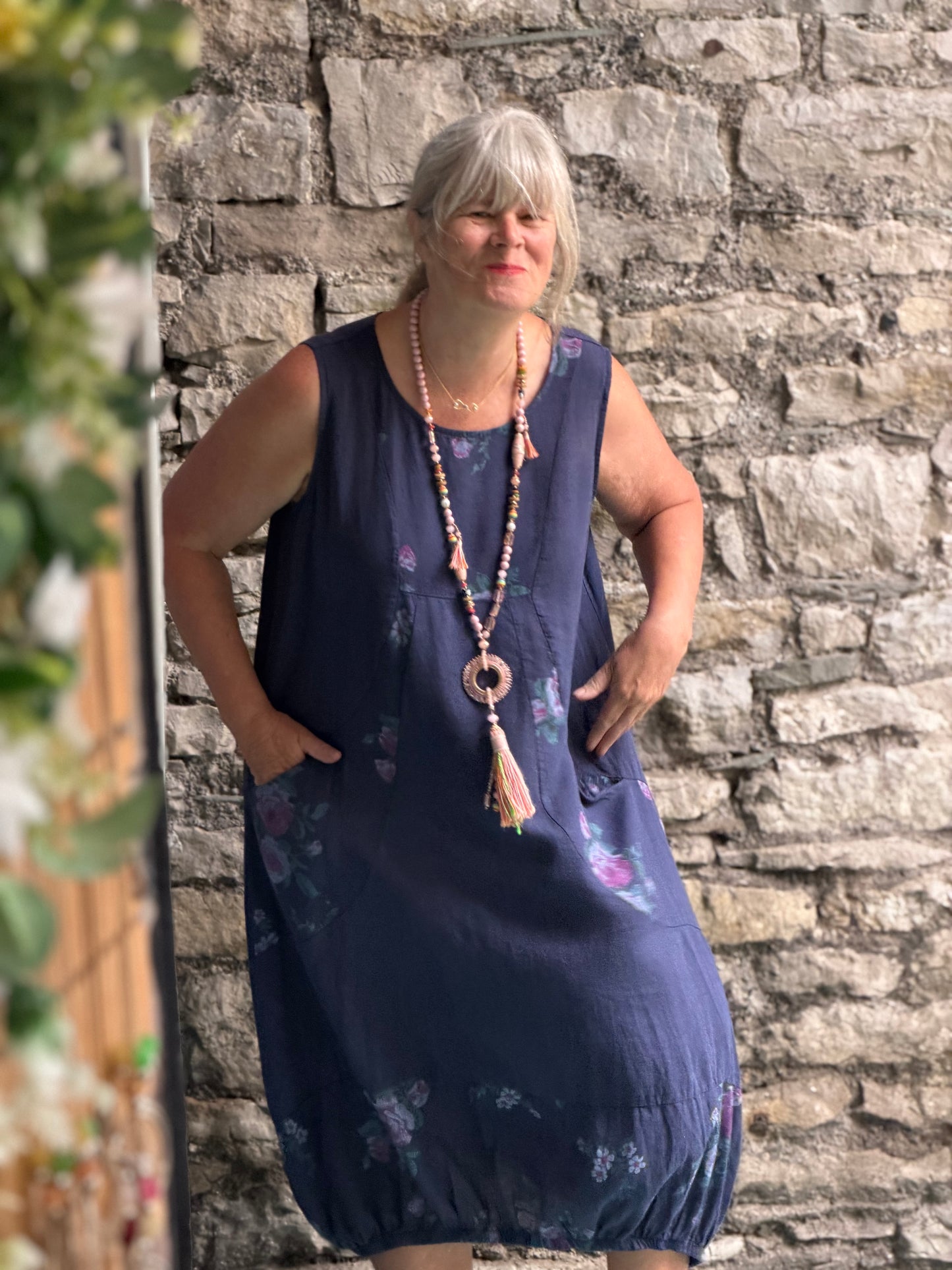 Lagenlook Pure Linen Floral Two pockets Dress One Size In Navy