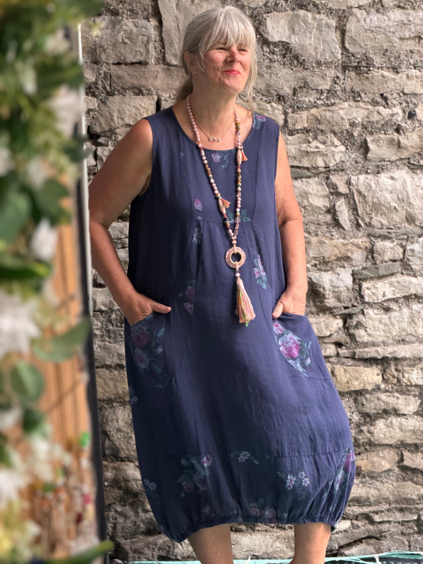 Lagenlook Pure Linen Floral Two pockets Dress One Size In Navy