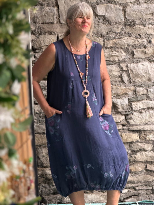 Lagenlook Pure Linen Floral Two pockets Dress One Size In Navy