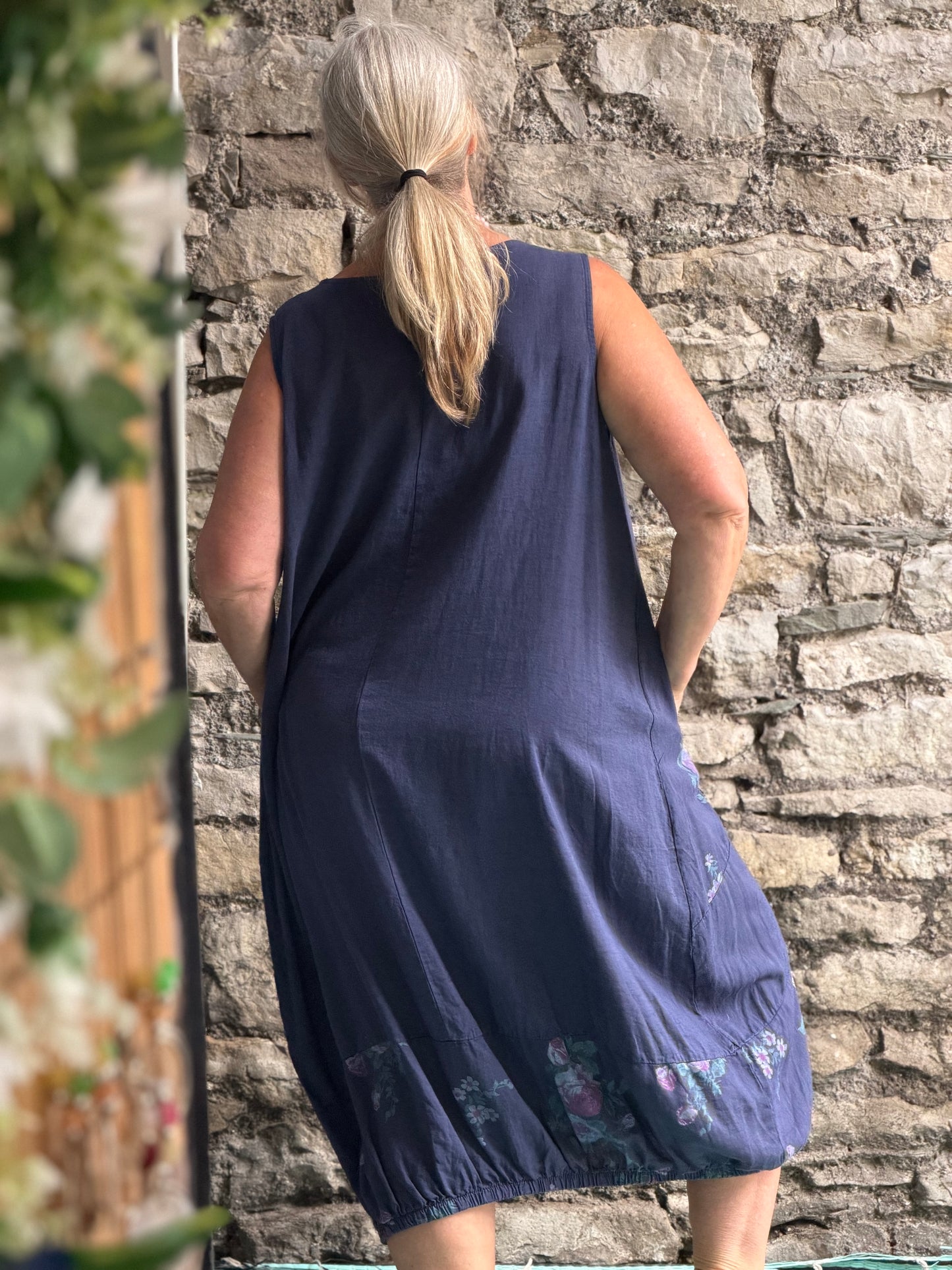 Lagenlook Pure Linen Floral Two pockets Dress One Size In Navy